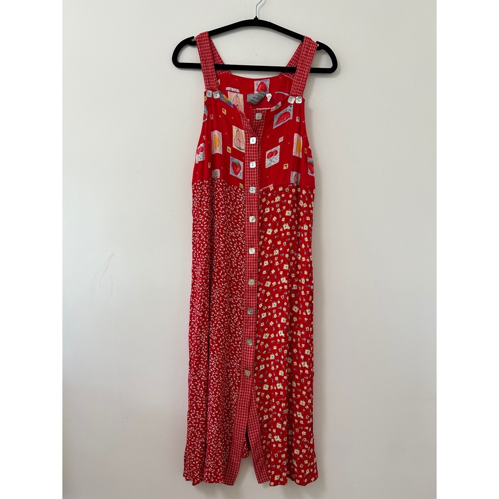 Vintage Carol Anderson Fruit Floral Print Dress Women M Red Cottagecore Midi